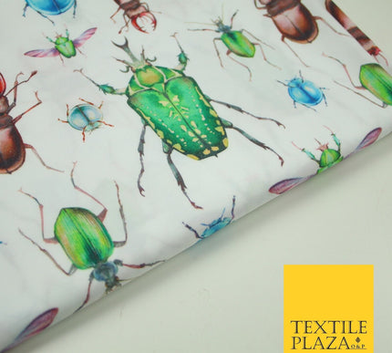White Flying Insects Beetles Bugs Scarab Ladybug Printed 100% Cotton Fabric 7350