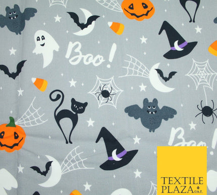 Grey Halloween BOO! Scary Pumpkin Ghost Web Bats Printed 100% Cotton Fabric 7354
