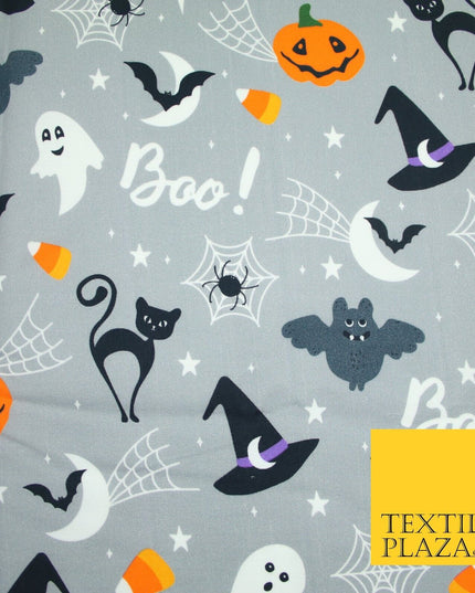 Grey Halloween BOO! Scary Pumpkin Ghost Web Bats Printed 100% Cotton Fabric 7354