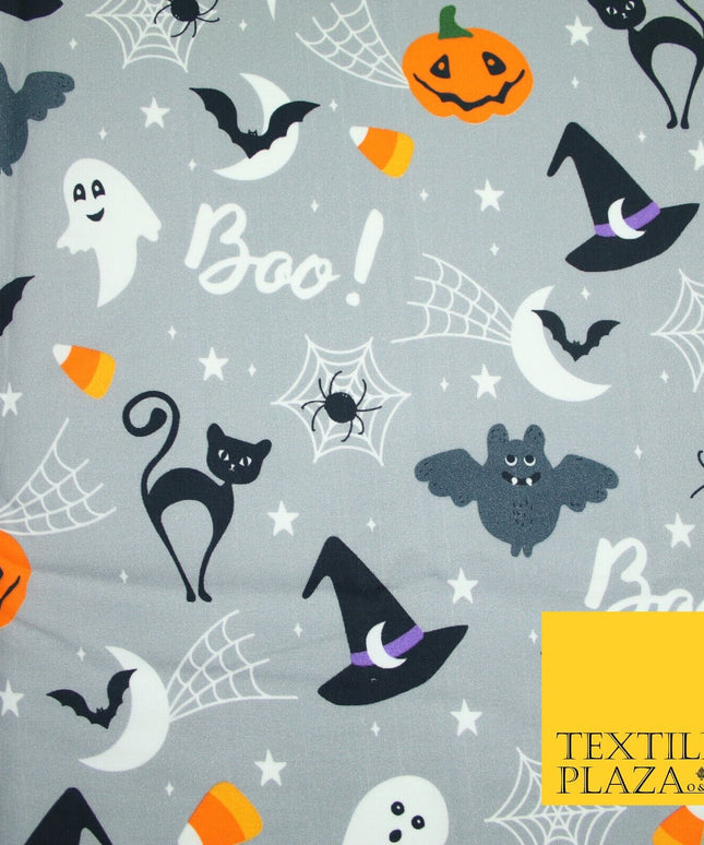 Grey Halloween BOO! Scary Pumpkin Ghost Web Bats Printed 100% Cotton Fabric 7354