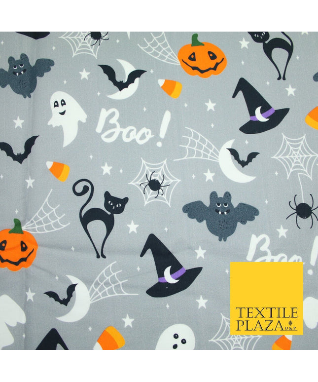 Grey Halloween BOO! Scary Pumpkin Ghost Web Bats Printed 100% Cotton Fabric 7354