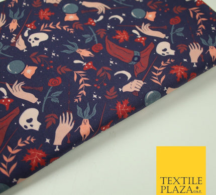 Navy Blue Magical Wizard Witch Spell Skull Halloween 100% Cotton Fabric 7347