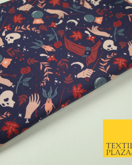 Navy Blue Magical Wizard Witch Spell Skull Halloween 100% Cotton Fabric 7347
