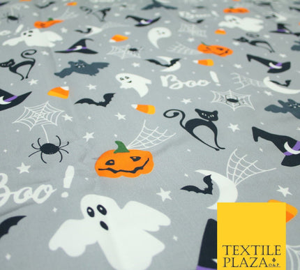 Grey Halloween BOO! Scary Pumpkin Ghost Web Bats Printed 100% Cotton Fabric 7354
