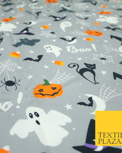Grey Halloween BOO! Scary Pumpkin Ghost Web Bats Printed 100% Cotton Fabric 7354