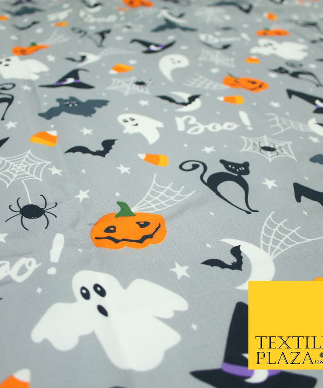 Grey Halloween BOO! Scary Pumpkin Ghost Web Bats Printed 100% Cotton Fabric 7354