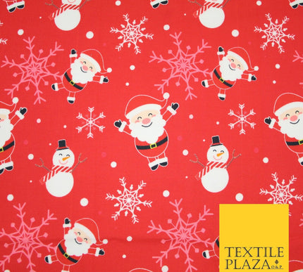 Red Festive Christmas Happy Santa Snowman Snowflakes 100% Cotton Fabric 7355