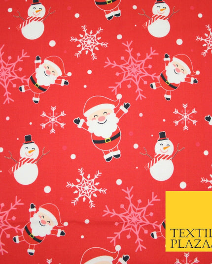 Red Festive Christmas Happy Santa Snowman Snowflakes 100% Cotton Fabric 7355