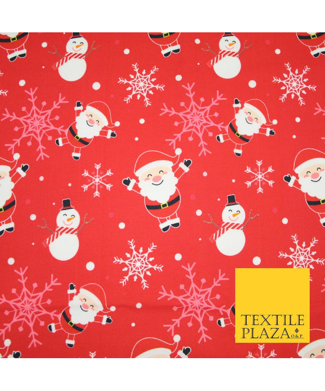 Red Festive Christmas Happy Santa Snowman Snowflakes 100% Cotton Fabric 7355