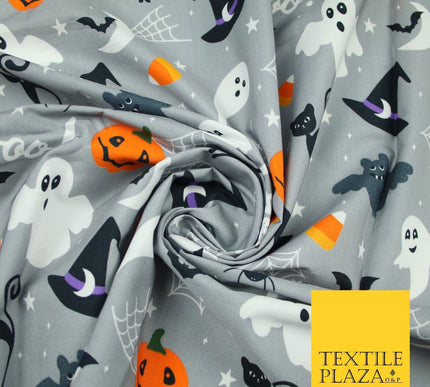 Grey Halloween BOO! Scary Pumpkin Ghost Web Bats Printed 100% Cotton Fabric 7354
