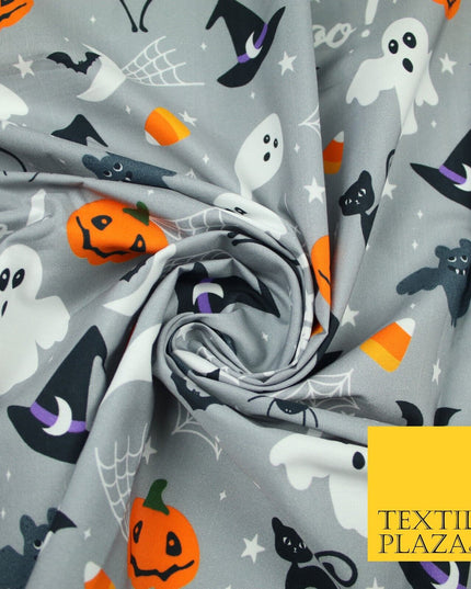 Grey Halloween BOO! Scary Pumpkin Ghost Web Bats Printed 100% Cotton Fabric 7354