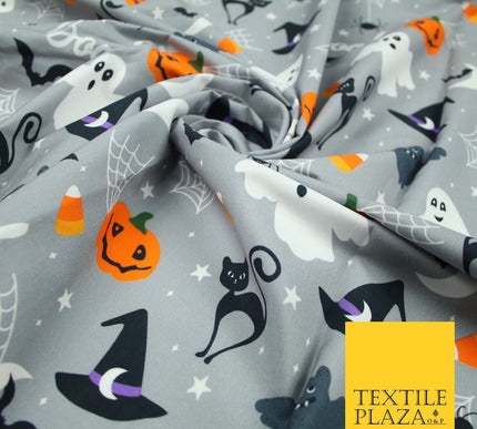 Grey Halloween BOO! Scary Pumpkin Ghost Web Bats Printed 100% Cotton Fabric 7354