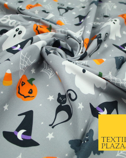 Grey Halloween BOO! Scary Pumpkin Ghost Web Bats Printed 100% Cotton Fabric 7354