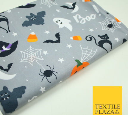 Grey Halloween BOO! Scary Pumpkin Ghost Web Bats Printed 100% Cotton Fabric 7354