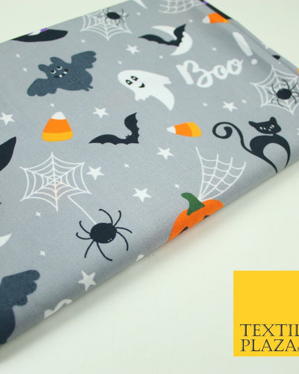 Grey Halloween BOO! Scary Pumpkin Ghost Web Bats Printed 100% Cotton Fabric 7354