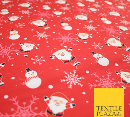 Red Festive Christmas Happy Santa Snowman Snowflakes 100% Cotton Fabric 7355