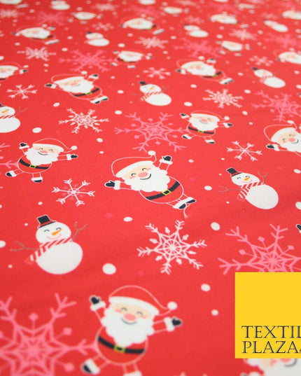 Red Festive Christmas Happy Santa Snowman Snowflakes 100% Cotton Fabric 7355