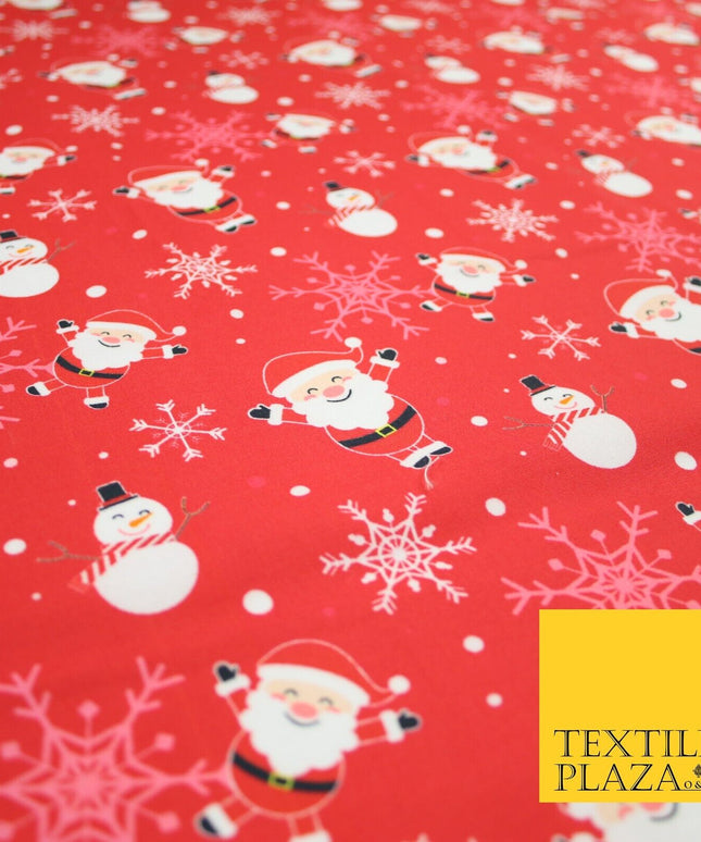 Red Festive Christmas Happy Santa Snowman Snowflakes 100% Cotton Fabric 7355