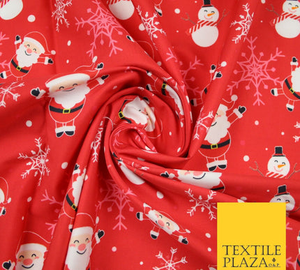 Red Festive Christmas Happy Santa Snowman Snowflakes 100% Cotton Fabric 7355