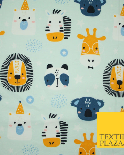 Light Blue Cartoon Party Animal Lion Panda Giraffe Koala 100% Cotton Fabric 7345