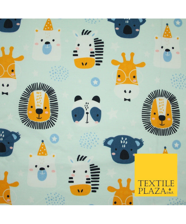 Light Blue Cartoon Party Animal Lion Panda Giraffe Koala 100% Cotton Fabric 7345