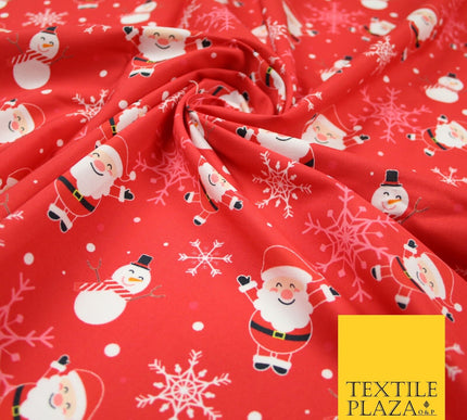 Red Festive Christmas Happy Santa Snowman Snowflakes 100% Cotton Fabric 7355