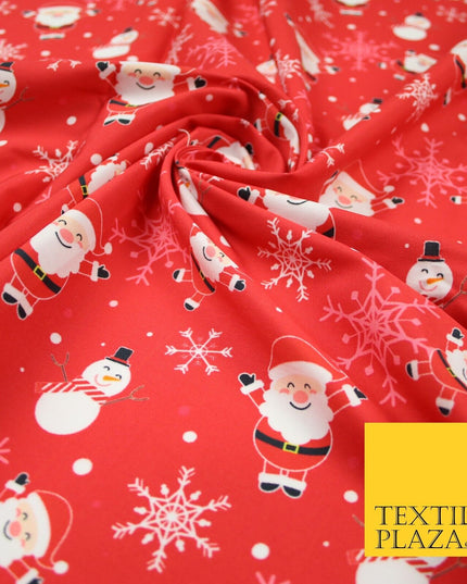 Red Festive Christmas Happy Santa Snowman Snowflakes 100% Cotton Fabric 7355