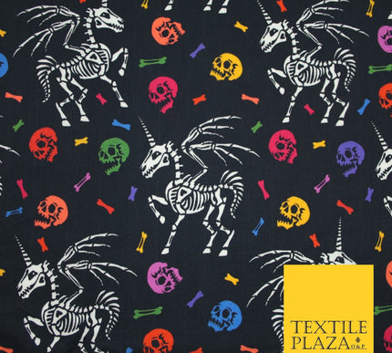 Black Unicorn Skeleton Skulls Colourful Bones Halloween 100% Cotton Fabric 7348