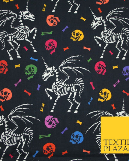 Black Unicorn Skeleton Skulls Colourful Bones Halloween 100% Cotton Fabric 7348
