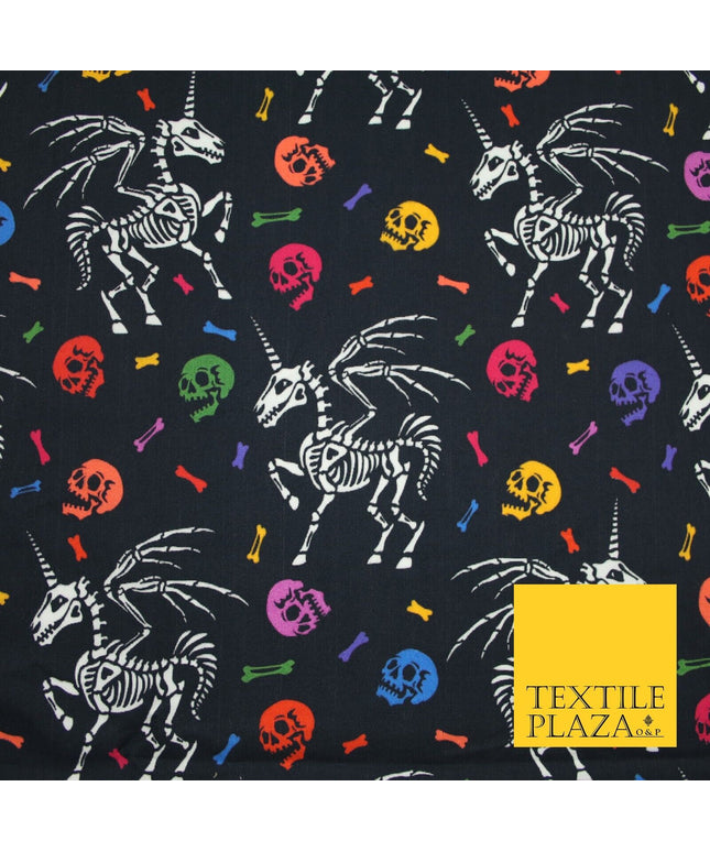 Black Unicorn Skeleton Skulls Colourful Bones Halloween 100% Cotton Fabric 7348