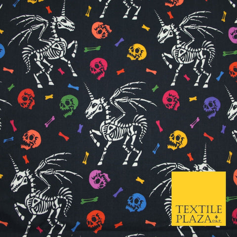 Black Unicorn Skeleton Skulls Colourful Bones Halloween 100% Cotton Fabric 7348