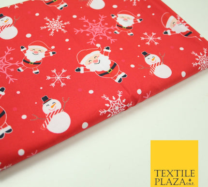 Red Festive Christmas Happy Santa Snowman Snowflakes 100% Cotton Fabric 7355