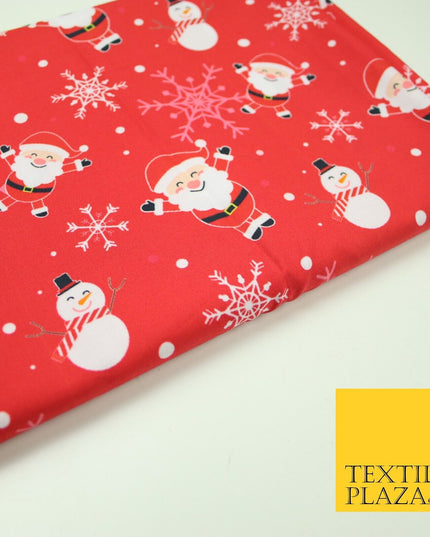 Red Festive Christmas Happy Santa Snowman Snowflakes 100% Cotton Fabric 7355