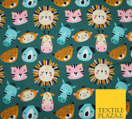 Teal Cartoon Sleepy Animals Lion Tiger Monkey Cats Koala 100% Cotton Fabric 7346