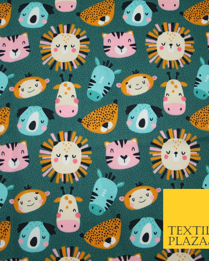 Teal Cartoon Sleepy Animals Lion Tiger Monkey Cats Koala 100% Cotton Fabric 7346