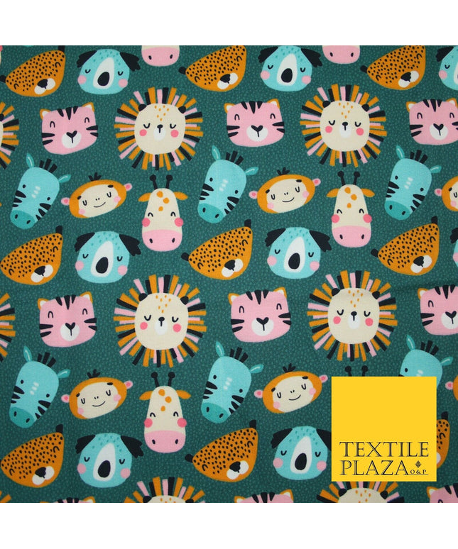 Teal Cartoon Sleepy Animals Lion Tiger Monkey Cats Koala 100% Cotton Fabric 7346