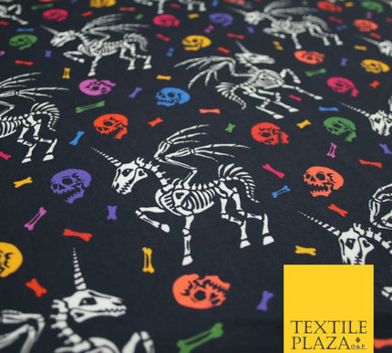 Black Unicorn Skeleton Skulls Colourful Bones Halloween 100% Cotton Fabric 7348