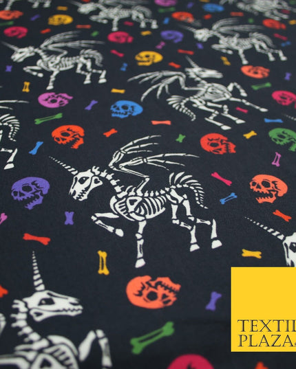Black Unicorn Skeleton Skulls Colourful Bones Halloween 100% Cotton Fabric 7348