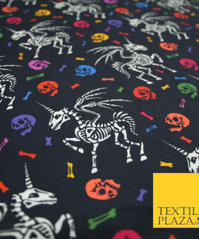 Black Unicorn Skeleton Skulls Colourful Bones Halloween 100% Cotton Fabric 7348