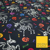 Black Unicorn Skeleton Skulls Colourful Bones Halloween 100% Cotton Fabric 7348