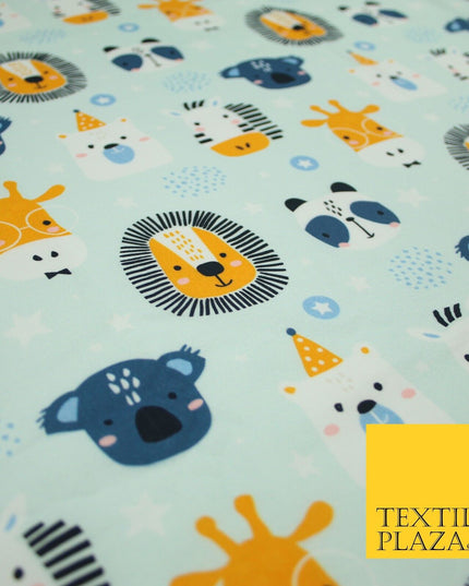 Light Blue Cartoon Party Animal Lion Panda Giraffe Koala 100% Cotton Fabric 7345