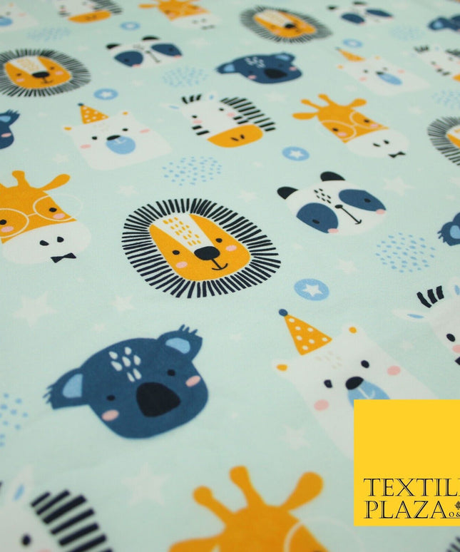 Light Blue Cartoon Party Animal Lion Panda Giraffe Koala 100% Cotton Fabric 7345