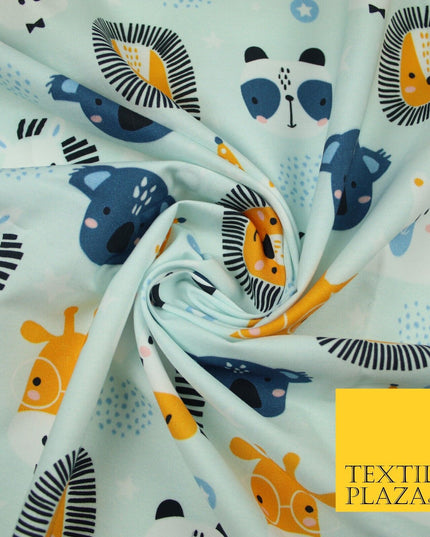 Light Blue Cartoon Party Animal Lion Panda Giraffe Koala 100% Cotton Fabric 7345