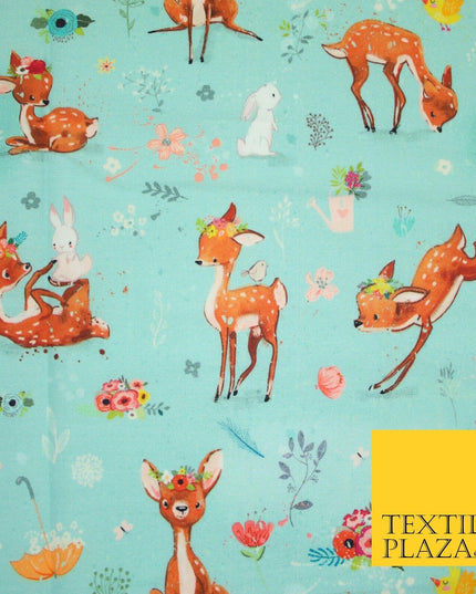 Aqua Blue Cute Floral Roe Deers & Bunny Rabbits Printed 100% Cotton Fabric 7358