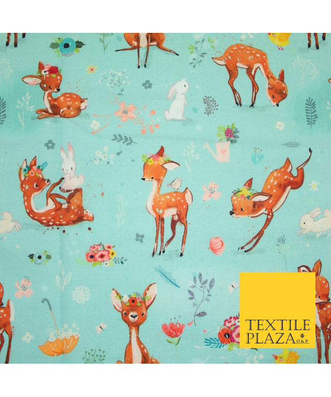 Aqua Blue Cute Floral Roe Deers & Bunny Rabbits Printed 100% Cotton Fabric 7358
