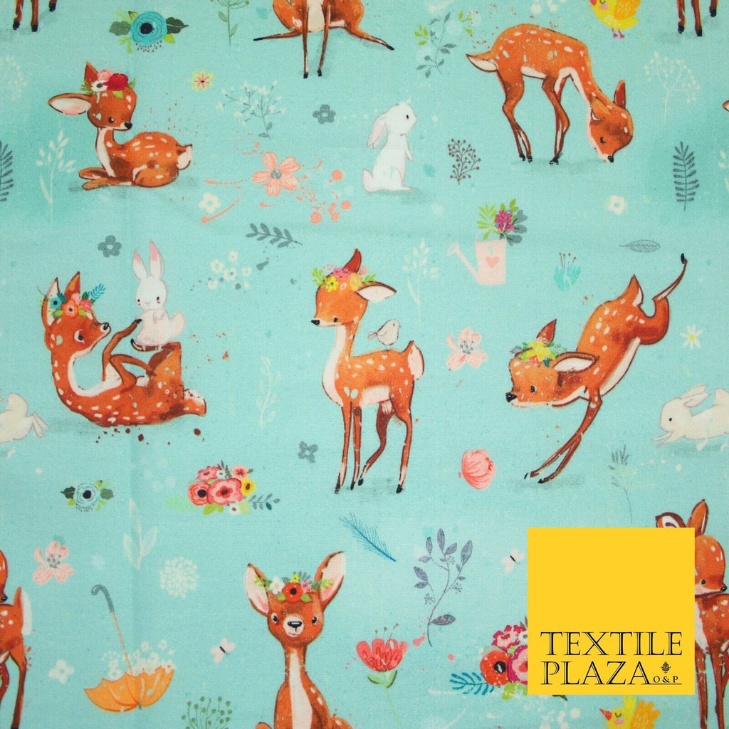 Aqua Blue Cute Floral Roe Deers & Bunny Rabbits Printed 100% Cotton Fabric 7358