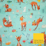 Aqua Blue Cute Floral Roe Deers & Bunny Rabbits Printed 100% Cotton Fabric 7358