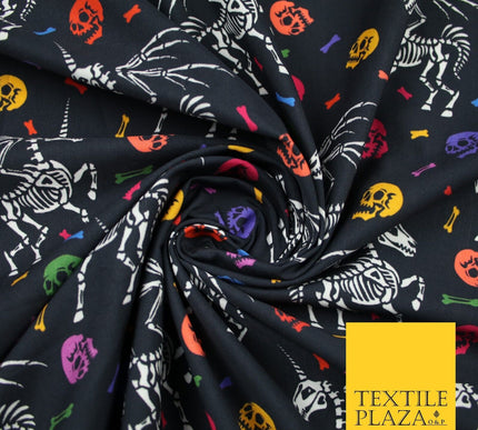Black Unicorn Skeleton Skulls Colourful Bones Halloween 100% Cotton Fabric 7348