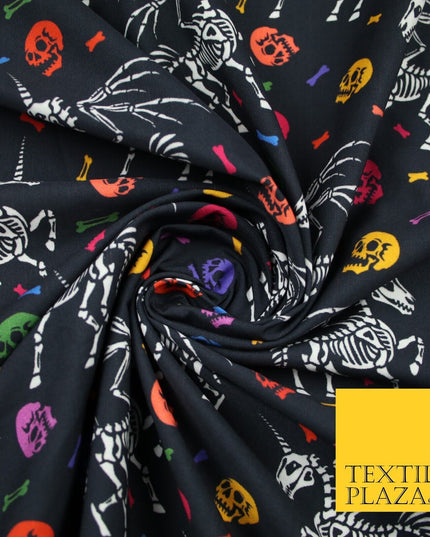 Black Unicorn Skeleton Skulls Colourful Bones Halloween 100% Cotton Fabric 7348