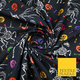 Black Unicorn Skeleton Skulls Colourful Bones Halloween 100% Cotton Fabric 7348